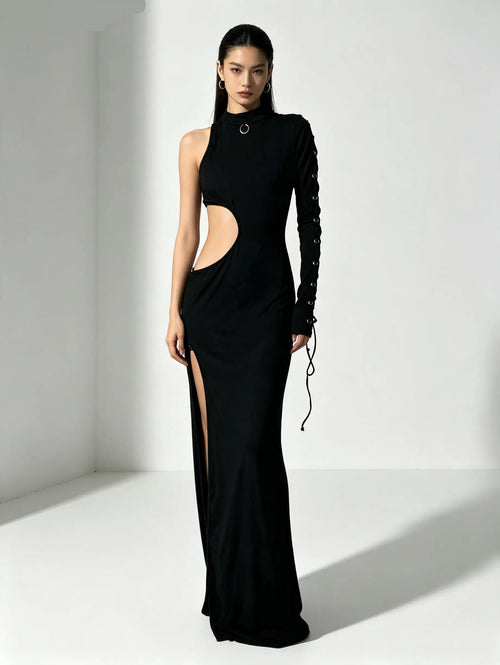 Asymmetrical Black Cutout Dress — SATURNA (view 2)