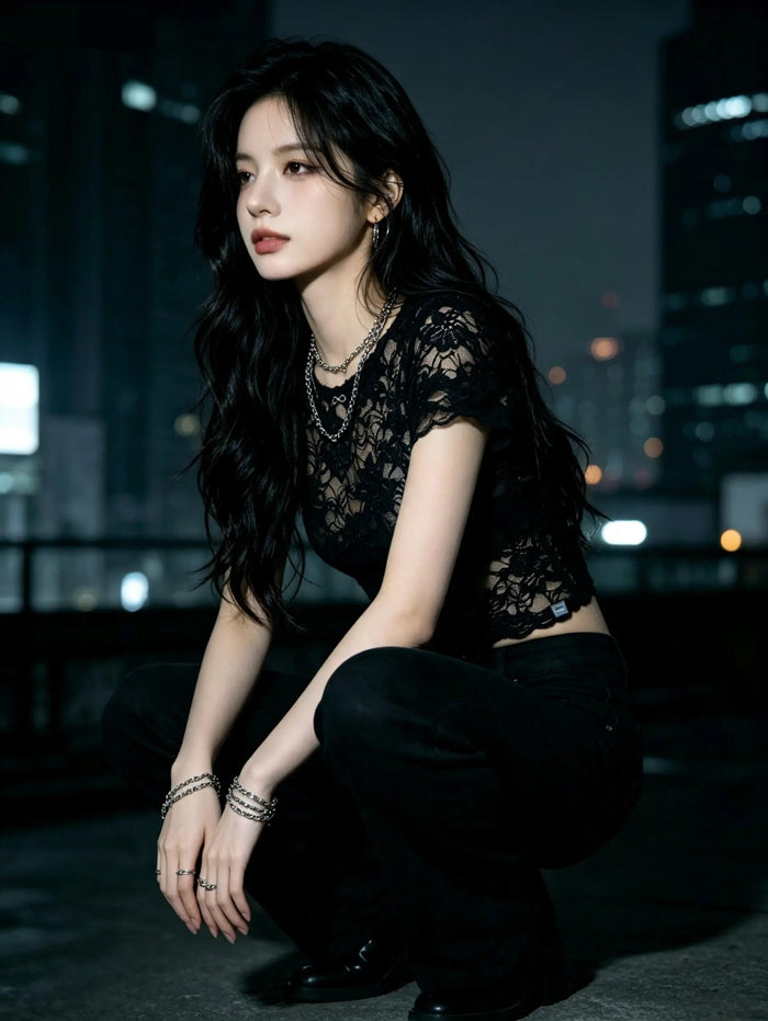 Black Lace Mesh Crop Top