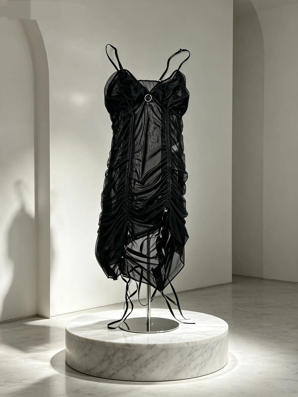 Black Mesh Ruched Mini Dress — SATURNA (view 3)