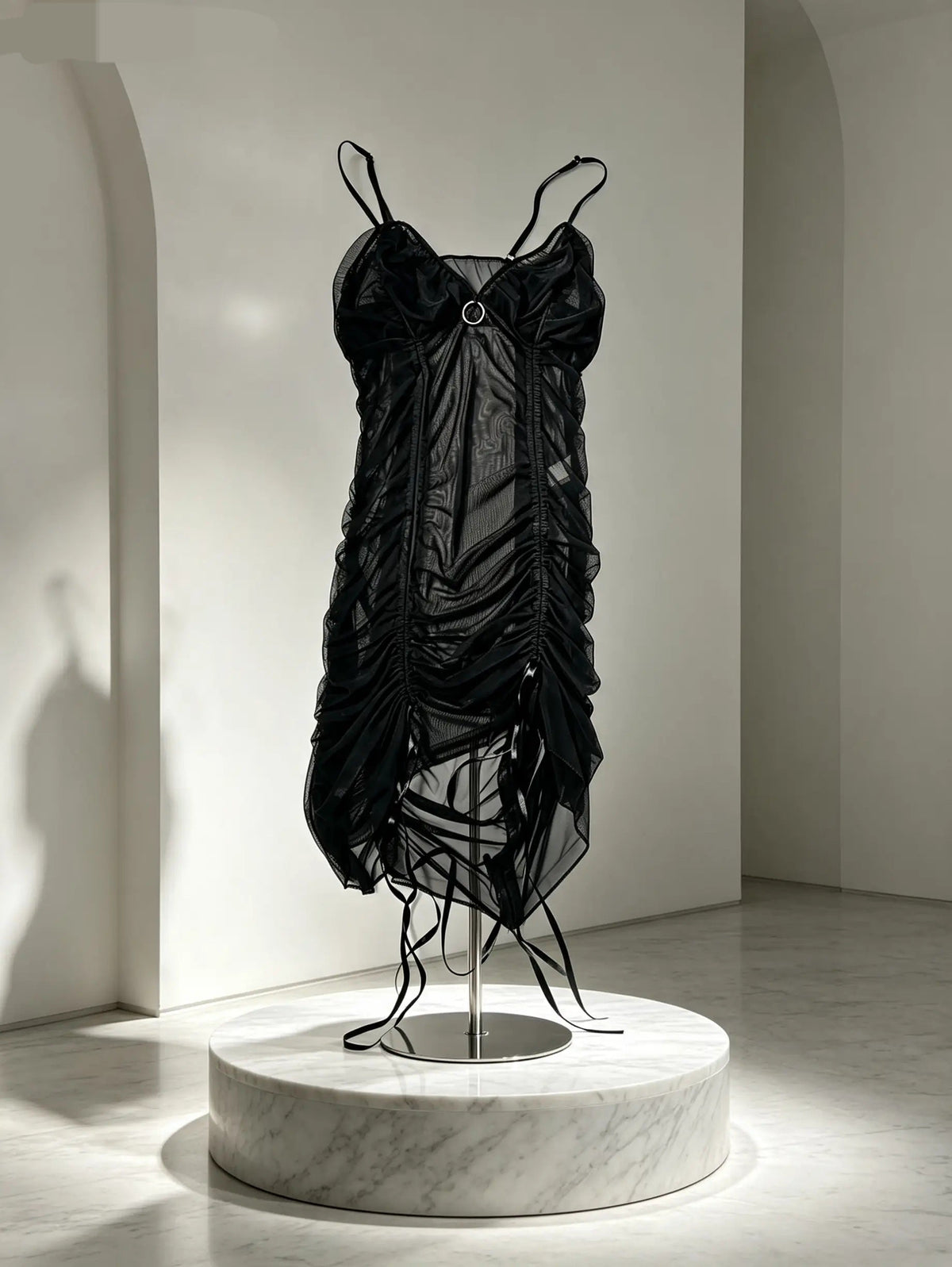 Black Mesh Ruched Mini Dress — SATURNA (view 3)